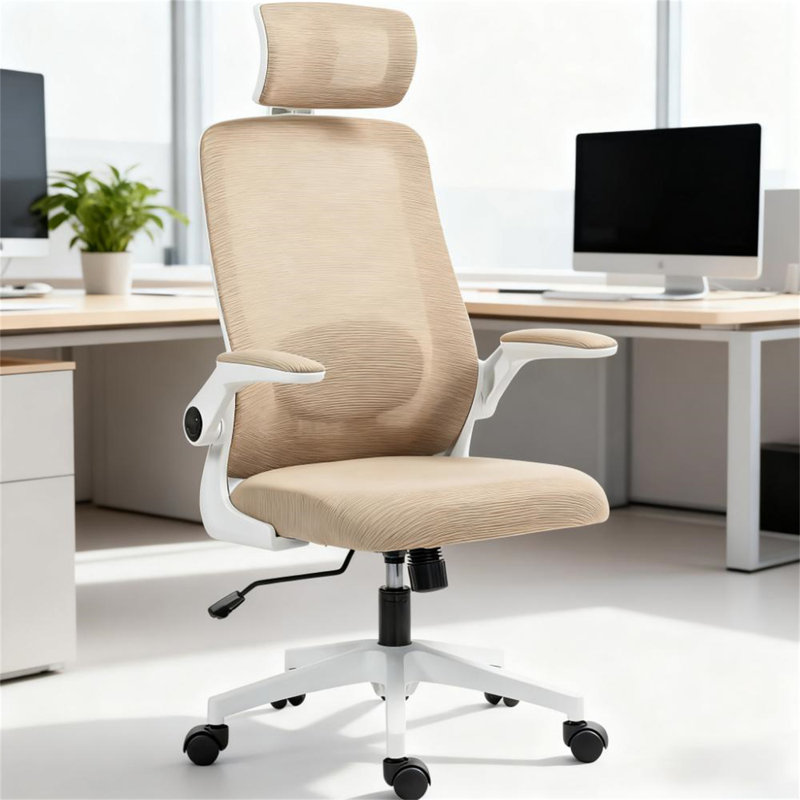 Chaise de bureau ergonomique avec accoudoirs rabattables, Kaki pâle, Blanc