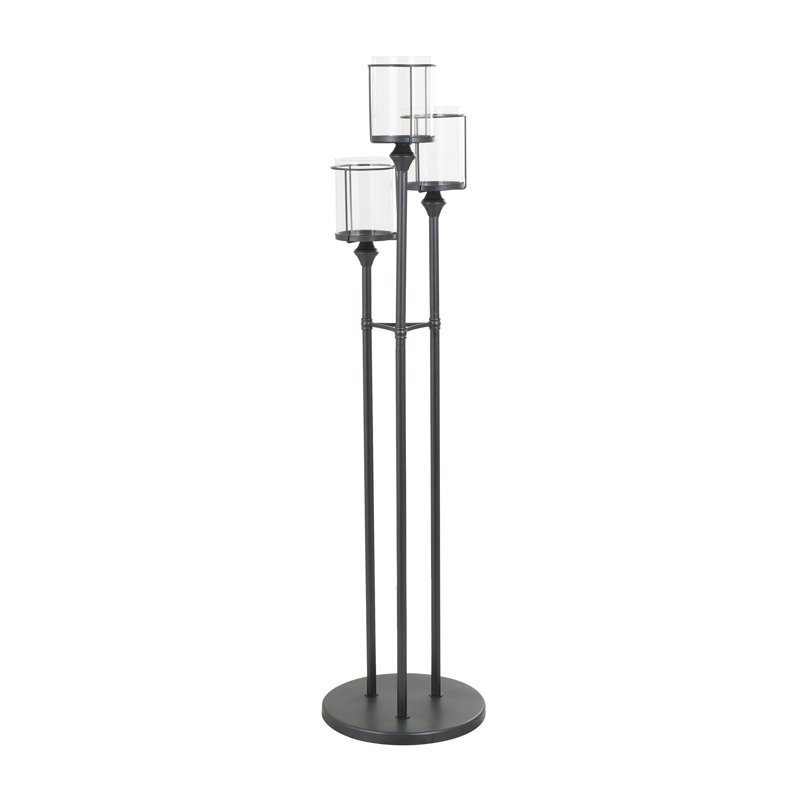 Metal Tall Floor Black Hurricane Lamp with 3 Posts and Round Base