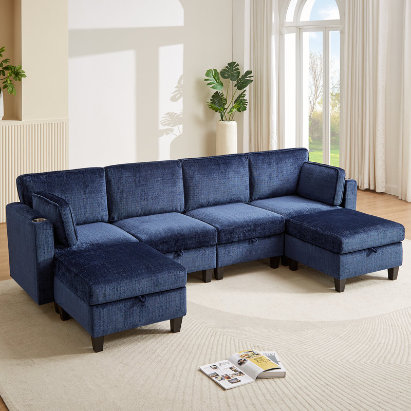 110" Blue Chenille U-Shaped Sectional Sofa with Storage and Cup Holder