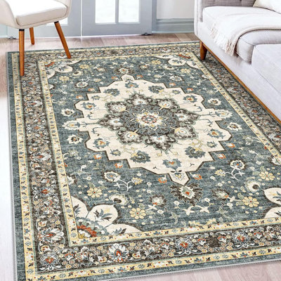 Tapis de couloir oriental lavable - Tapis pour le salon Tapis moelleux pour la cuisine de la chambre à coucher Tapis de sol imperméable à l'eau à motif floral patiné et résistant aux taches (bleu)