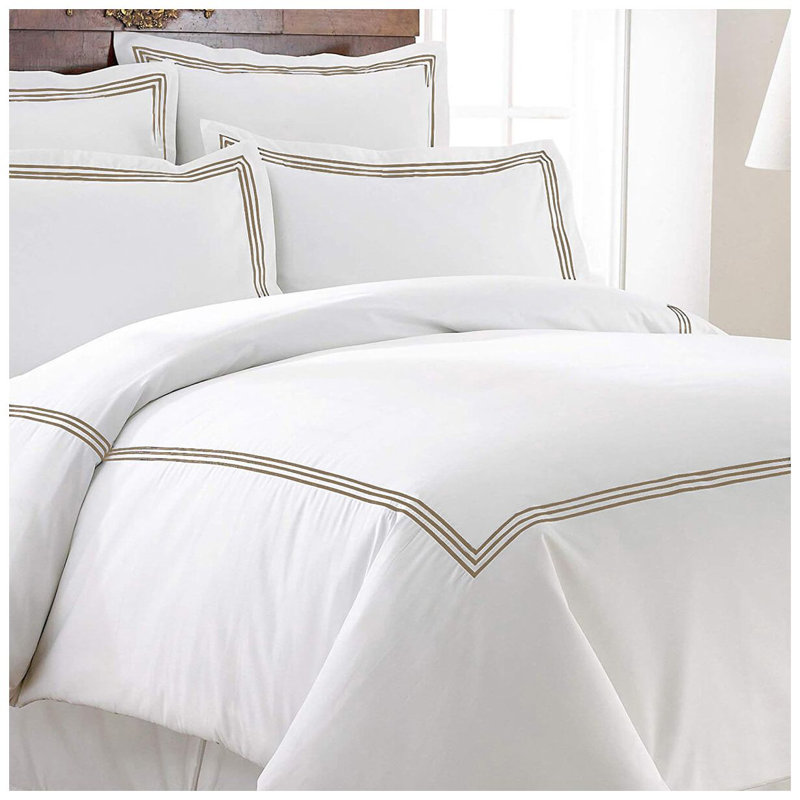 400TC Cotton Triple Embroidery Sateen Solid Duvet Cover Set, Oversized King Duvet Cover, White/Taupe