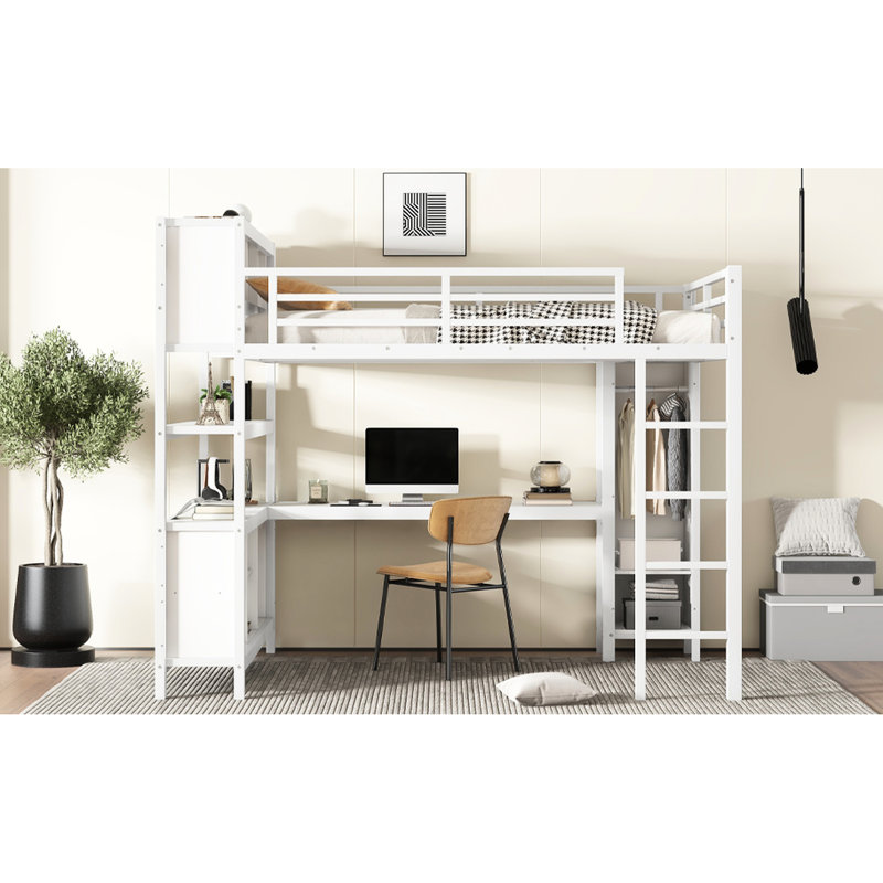Grand lit en métal avec rangement Loft, garde-robe et bureau polyvalent, Noir