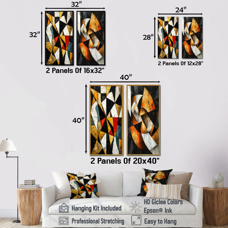 Ensemble de 2 pièces d'art abstrait noir et jaune III, Toile tendue, H 28 po x l 24 po