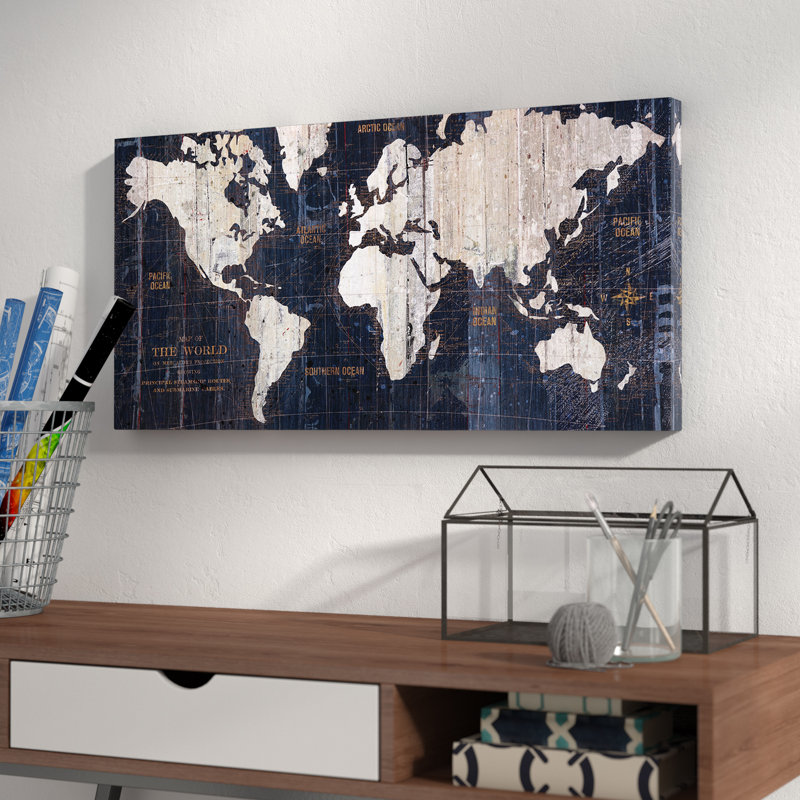 Vieille mappemonde bleue, impression sur toile tendue, H 16 po x l 32 po