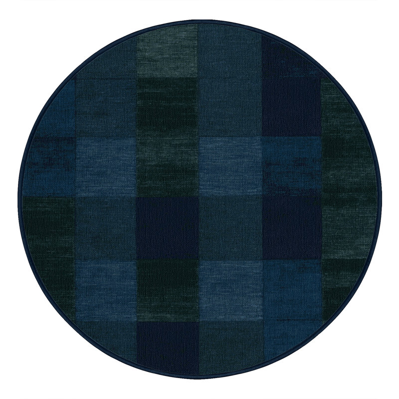 Machine Washable Checkered Blue Area Rug, Round 4'