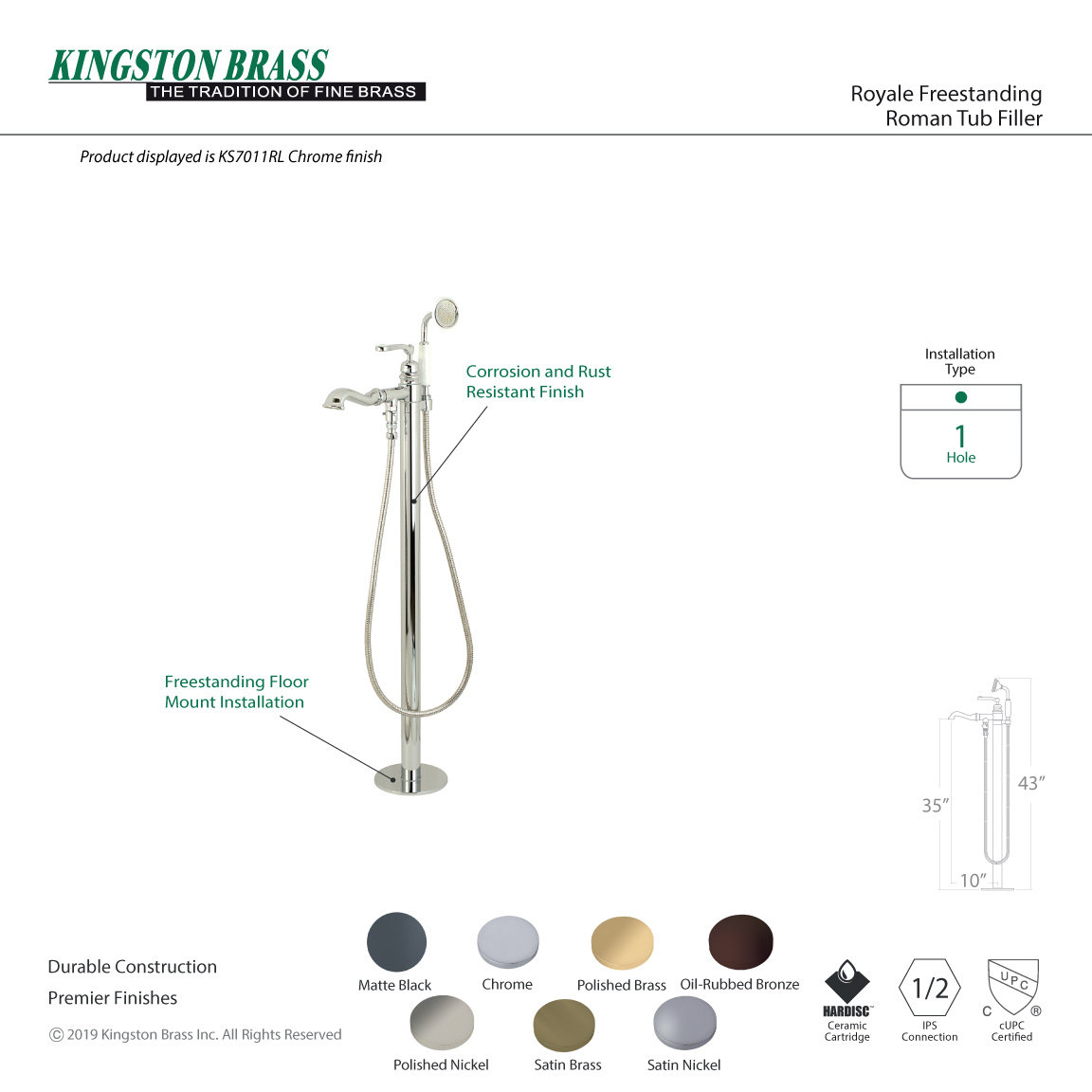 Kingston Brass Royale Single-Handle 1-Hole Freestanding Tub Faucet with Hand Shower, Satin Brass