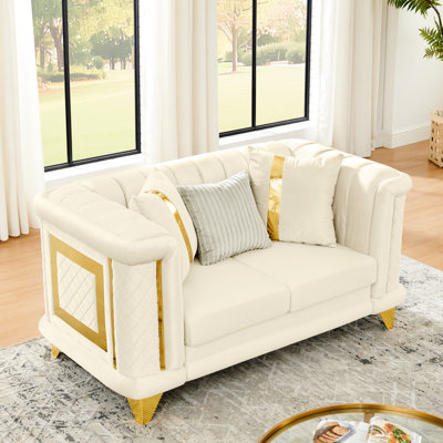 69 pouces, victorien, Mid Century, beige, velours, décorations en acier inoxydable doré, brodé, motif, coussins, sièges moelleux, rembourrage en mousse