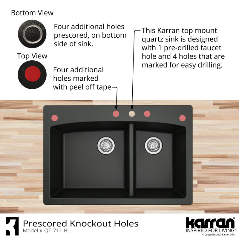 Karran Drop-in Quartz Composite 33'' X 22'' 1-Hole 60/40 Double Bowl Kitchen Sink, Black