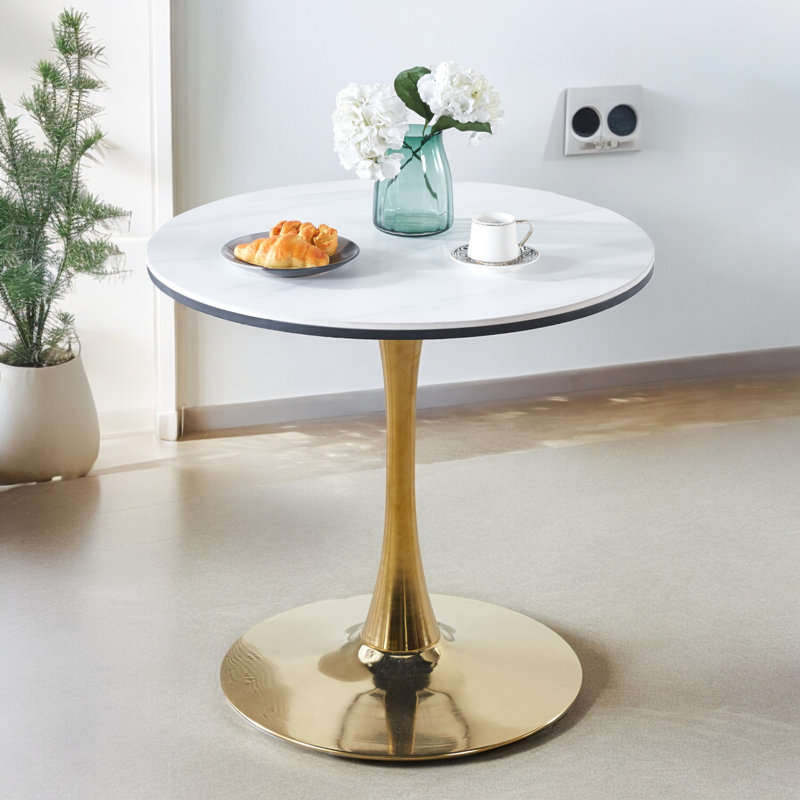 Gedin Round Living Room Dining Table, White Marble, 28.7" H x 31.5" L x 31.5" W, Gold