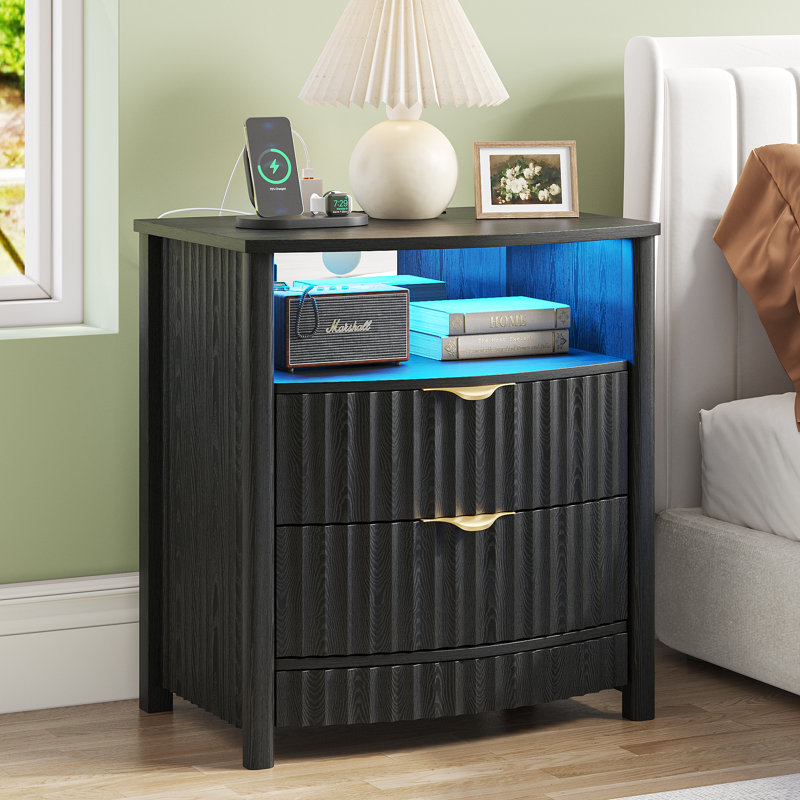 19.7"W 2 Drawer Nightstand With Light, Black Willow Wood