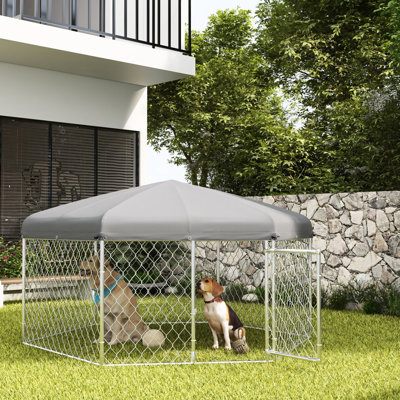 Chenil d'extérieur moyen / grand pour chien - 6,9 pi x 6,1 pi 4,9 pi, imperméable et toit, porte verrouillable, moyen argenté moyen et grand protégé