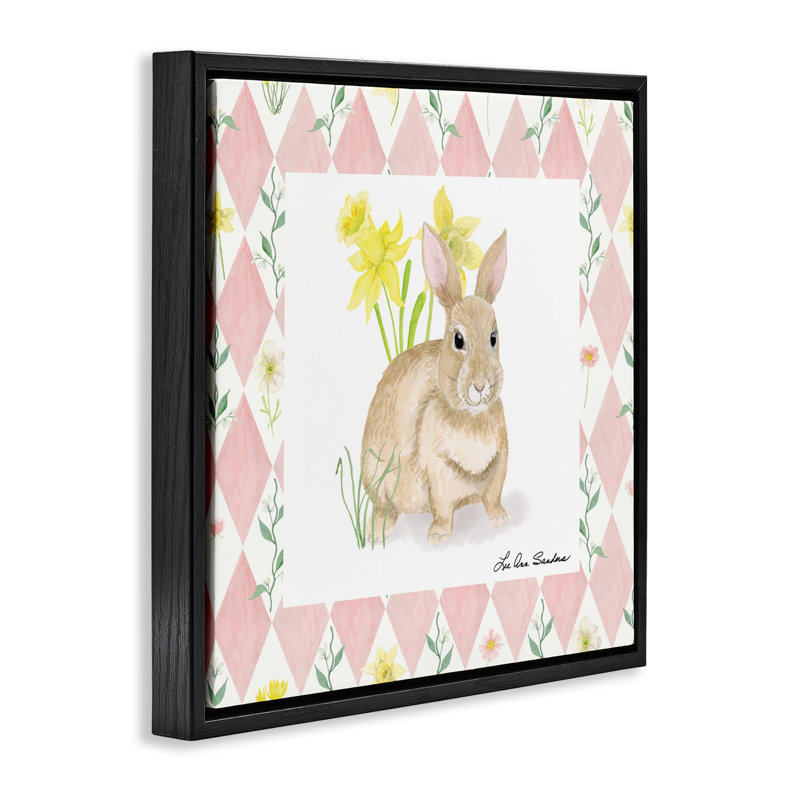 Lapin sur cadre flottant argyle, conception par Lee Ann Sanders, Cadre flottant noir de jais, H 18 po x l 18 po