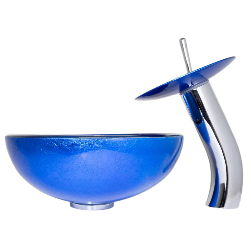 Novatto 12'' Glass Circular Bathroom Sink with Faucet, Blue, Chorme