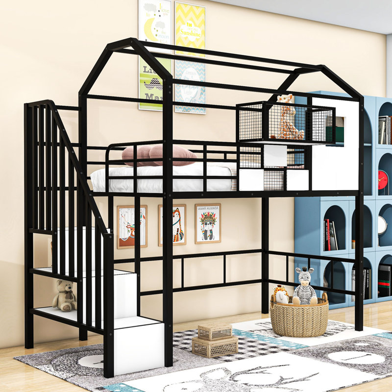 Twin Metal Loft Bed With Roof Design, Convenient Storage Case And Staircases, Black