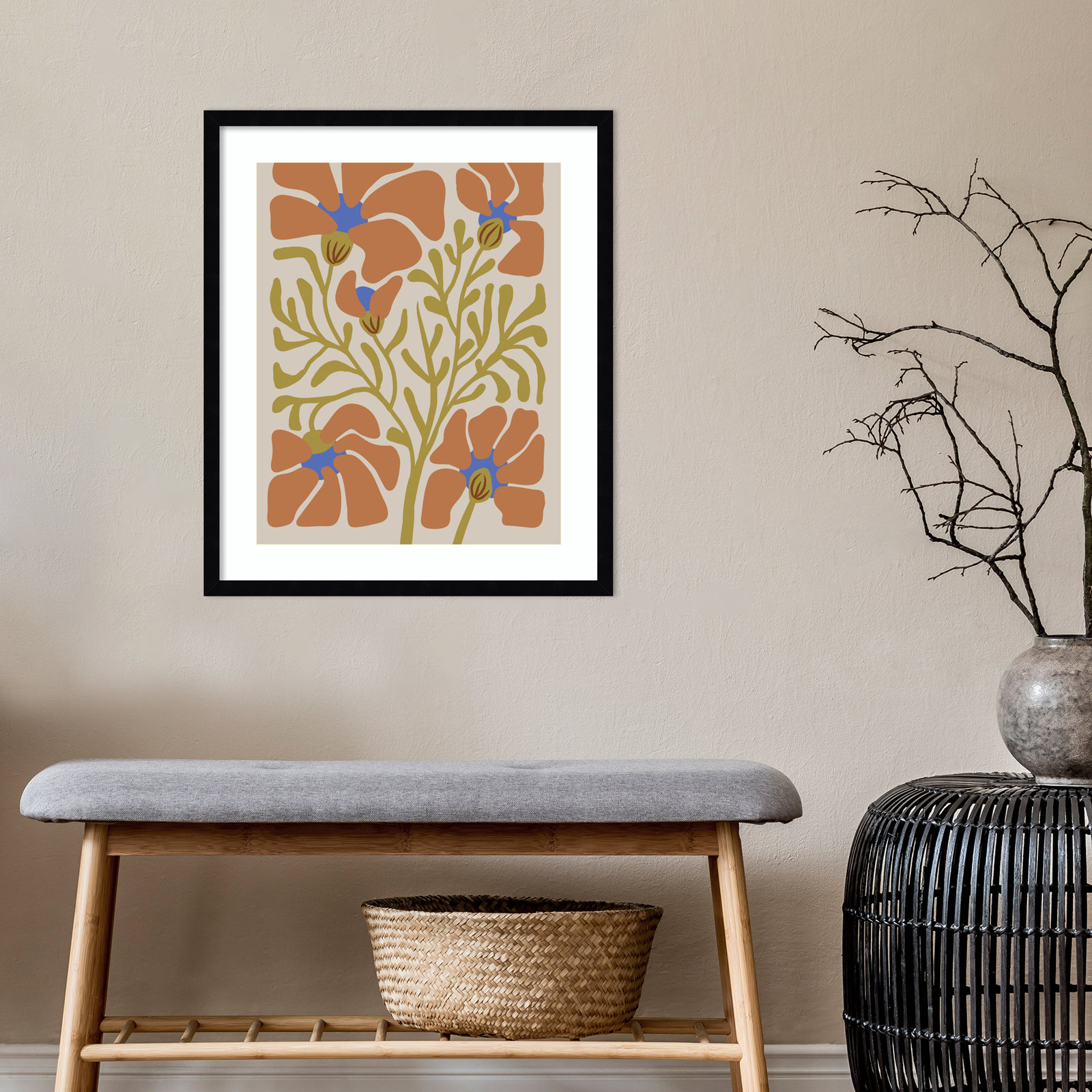 Expressive Abstract House Plant Orange Print, Black, 25" H x 21" W x 1" D