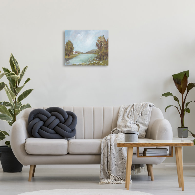 «Distant Cottage Across River Canvas», conception par Amanda Hilburn, H 16 po x l 20 po