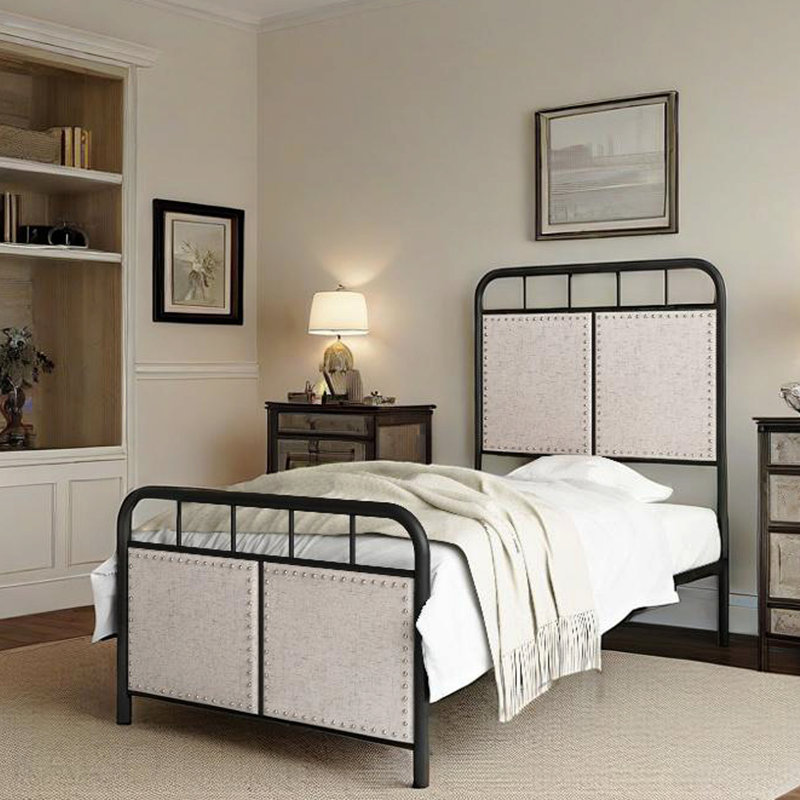 Base de lit simple tapissier en lin avec tête de lit et pied de lit en tissu