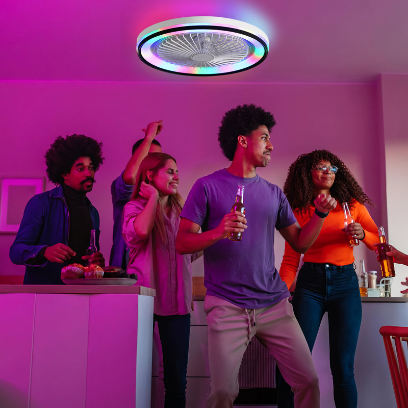 Ventilateur de plafond encastré 19 po blanc avec effets d'éclairage colorés RVB, télécommande et application