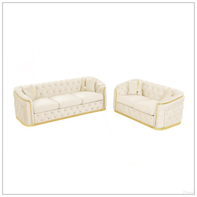 Ensemble de canapé Chesterfield de luxe en velours 2 pièces, ensemble de canapé causeuse 84,6 "à 3 places et 62,6" pour le salon avec décoration en acier inoxydable doré et 4 coussins, beige