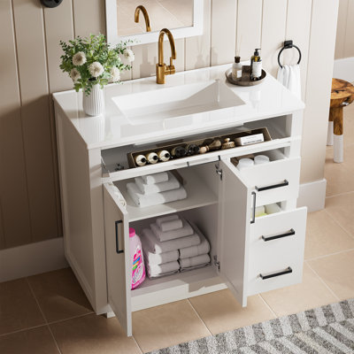 36" White Single Freestanding Bathroom Vanity With Integrated Undermount Artificial Marble Sink, Soft Close Storage Cabinet With Tip-Out Drawer
