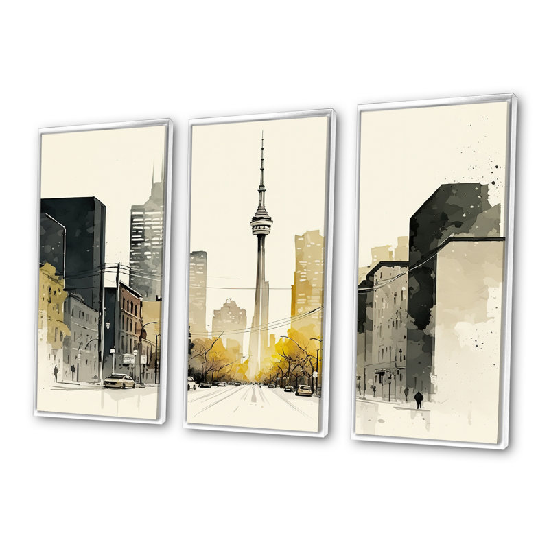 Toronto Skyline IV - 3 pièces sur toile, H 32 po x l 48 po x P 1 po, Cadre blanc