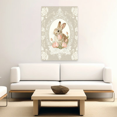«Sweet Bunny with Tulips Elegant Vintage Whimsical Rabbit Tulip Flower Spring», reproduction d'art