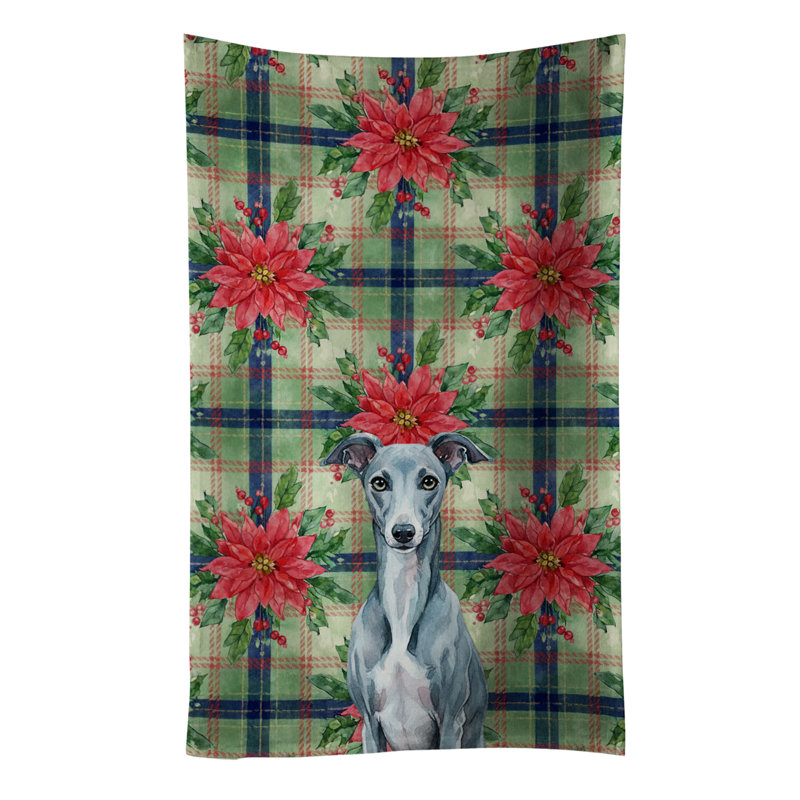 Blue Whippet Christmas PoinsettIas Kitchen Towel, Blue Whippet