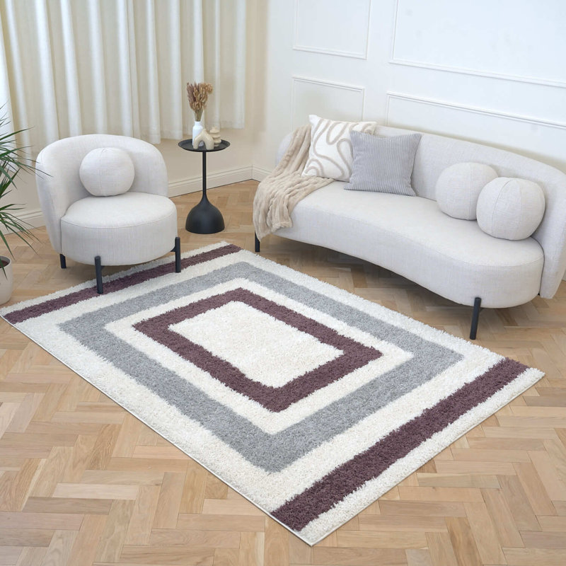 Moodi Modern Shaggy Area Rug Geometric Border Design, Rectangle 200 x 290 cm, Off-White Grey/Purple