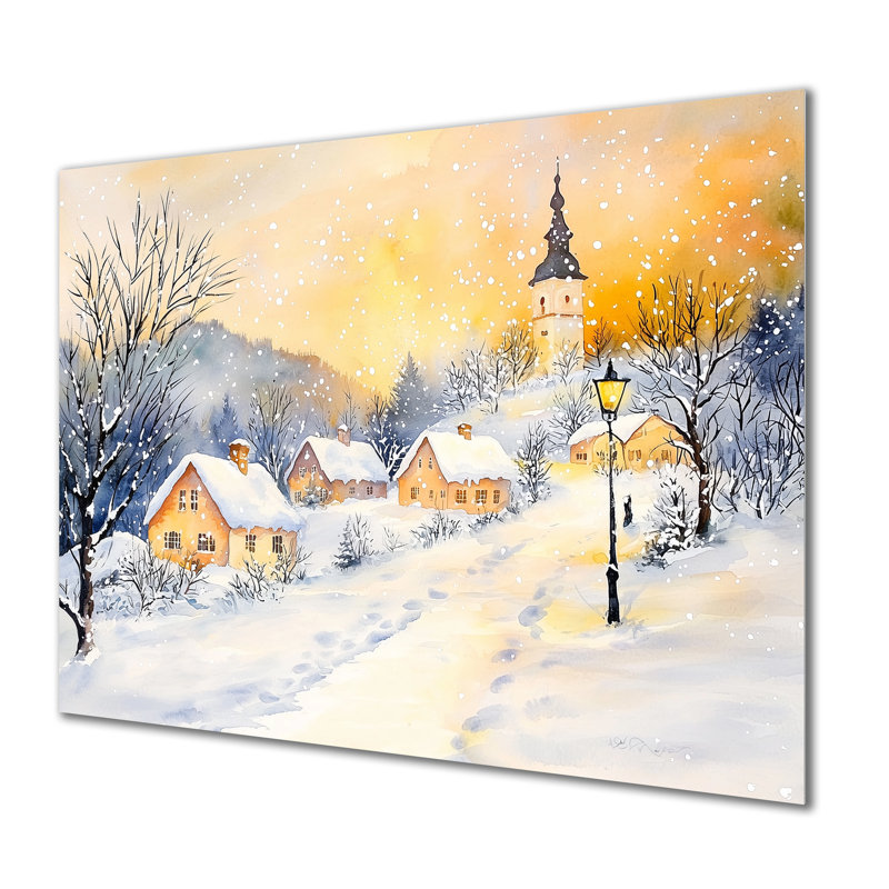 «Snowy Village At Night I - Winter Landscape», impression murale en métal, H 12 po x l 20 po