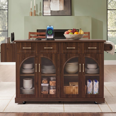 65" Kitchen Island with Storage & Drop Leaf, Rolling Island Cart on Wheels with Arched Glass Door, Power Outlet, Island Table for Kitchen with 4 Drawers, Spice Rack & Towel Rack, Walnut Brown