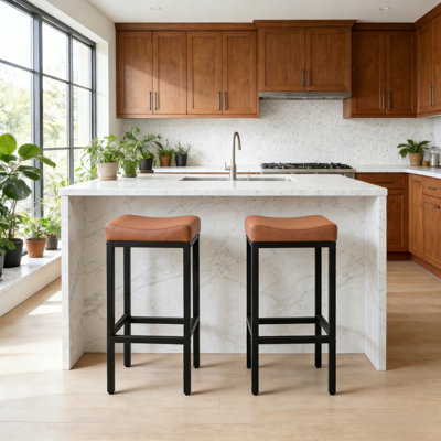 Bar Stools Set Of 2, 30.25" Backless Counter Height Bar Stools With Soft Leather Seat And With Footrest, 400 LB Heavy Duty Padded Saddle Barstool Chair For Modern Kitchen Island Counter