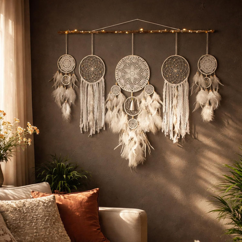 Paquet de 5 suspensions murales Boho Dream Catcher - blanches fabriquées à la main