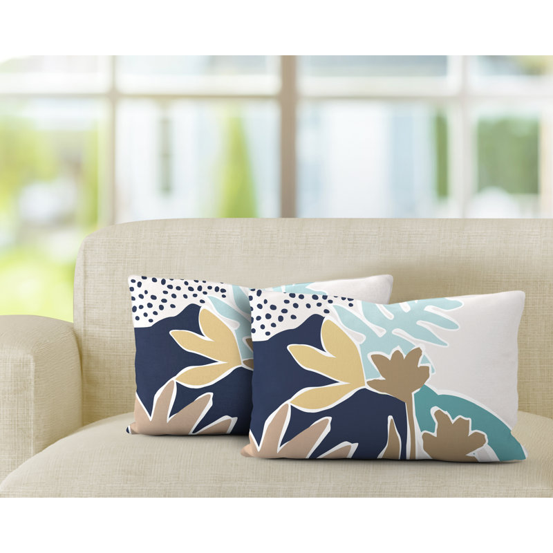 Floral Outdoor Reversible Throw Pillow, Turquoise/Navy/Beige