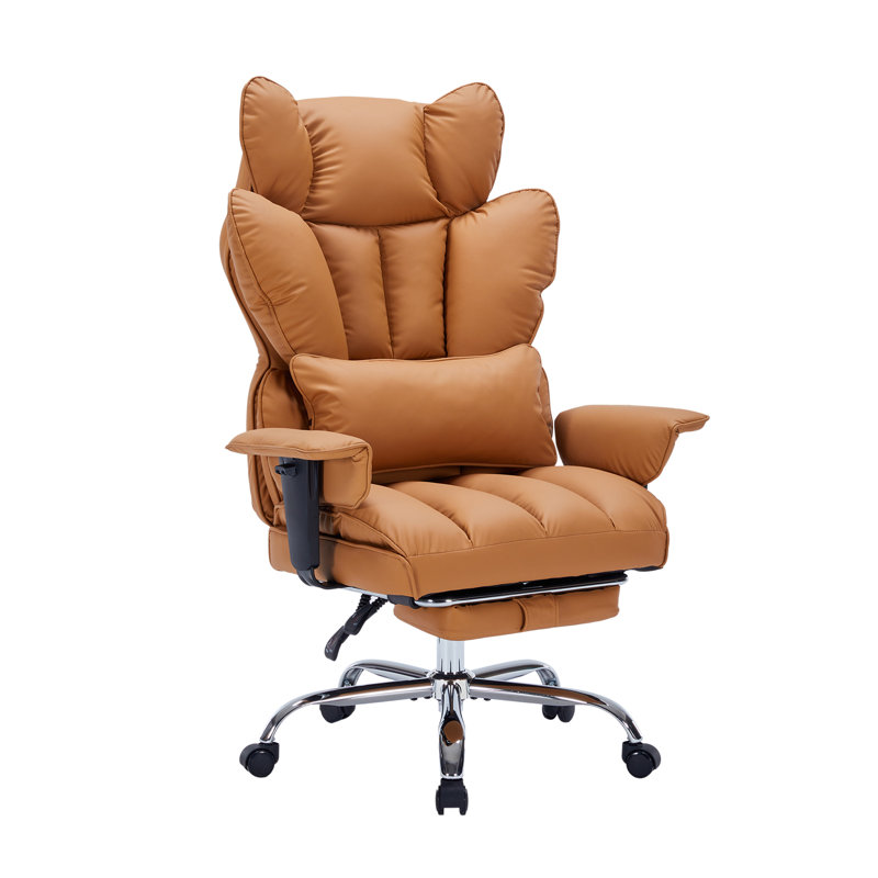  Grande et haute chaise de bureau ergonomique - Chaise d'ordinateur en cuir PU à dossier haut - Dossier réglable, soutien lombaire, base pivotante, repose-pieds, capacité de 250 kg - Curcuma