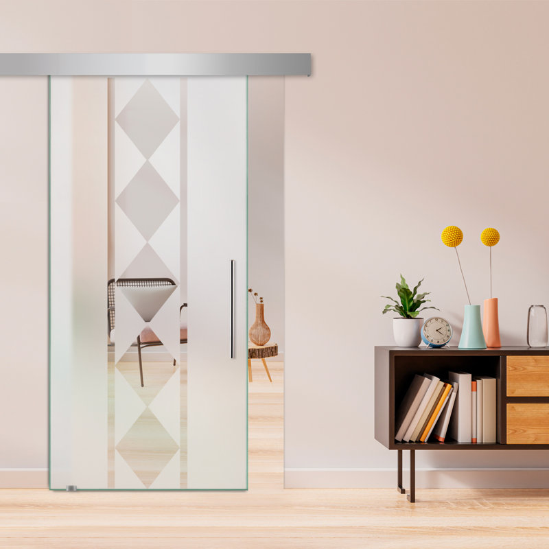 Porte de grange coulissante en verre sans cadre avec design moderne sablé et quincaillerie (semi-privée), 36 po x 81 po