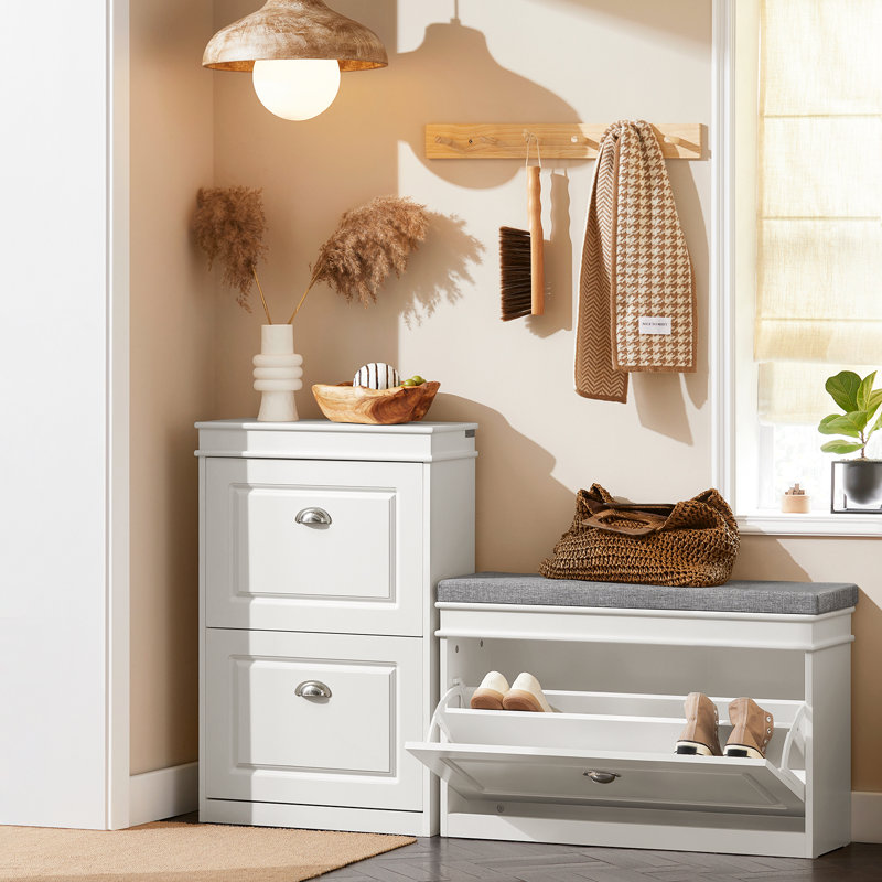White Shoe Bench Wooden Storage Bench with Flip-Drawer – Upholstered Entryway Bench with Storage, Padded Seat for Hallway, 20.47" H x 29.53" W x 9.45" D