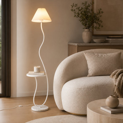 Creamy Pleated Marble Floor Lamp With Tray And 3-color Light For Reading