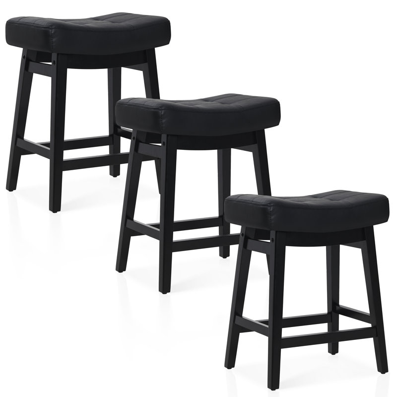 24inch Wooden Backless Saddle Counter Height Barstools Wide Seat Comfortable For Kitchen Island, PU Black Seat/Black Frame