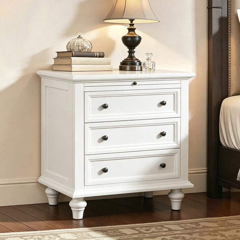 Albers Traditional 3-Drawer Nightstand with Pull-out Shelf and Solid Wood Legs, White, Individual