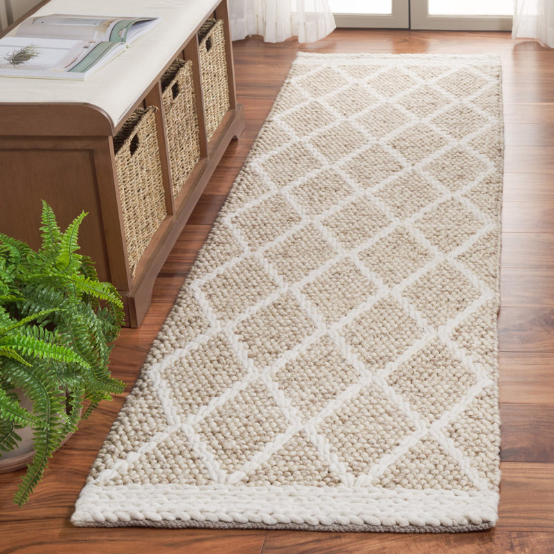 Sholley Hand Woven Wool/Pet Wool/Cotton Geometric Rug in Brown/Ivory, Runner 2'3" x 8'