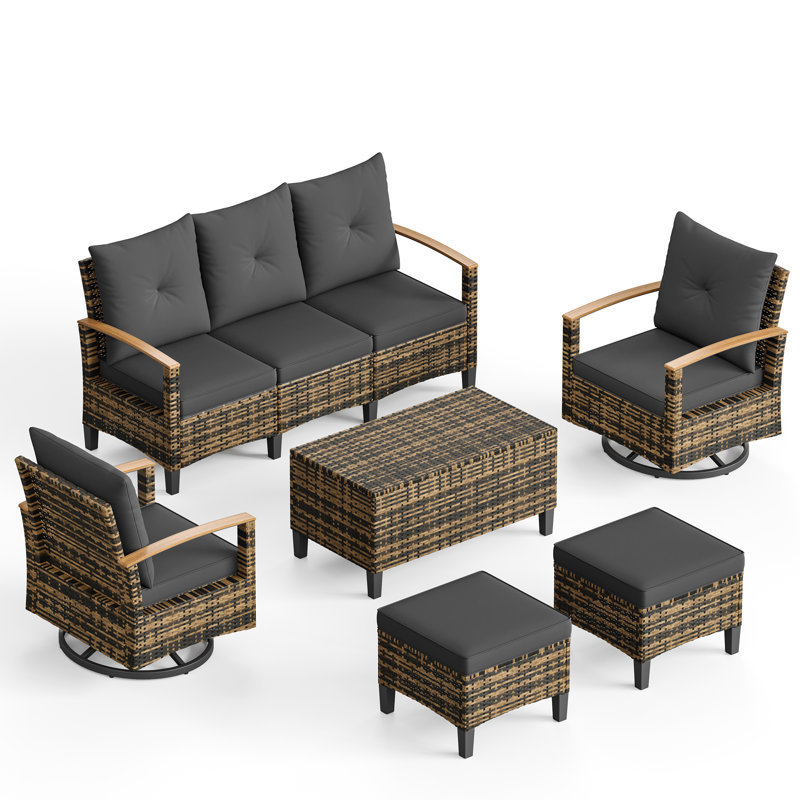 Ensemble de conversation de patio en osier résistant aux intempéries pour 7 personnes avec chaises pivotantes en osier, table basse de rangement et poufs multifonctionnels