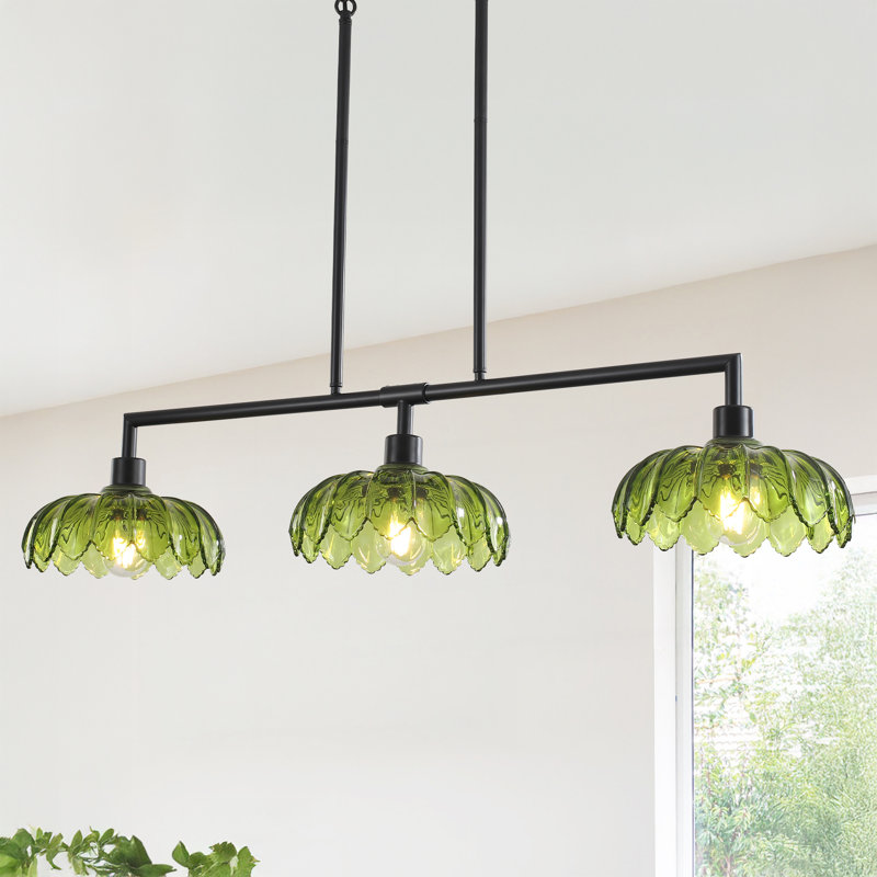 3-Light  42.5''  Linear Kitchen Island Lighting, Farmhouse Chandelier Dining Room Light Fixture With Green Glass Shade