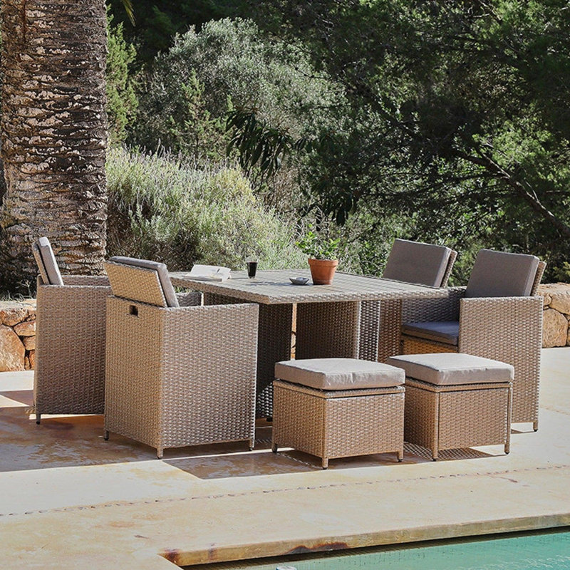8 Seater Rattan Cube Outdoor Dining Set - Grey Weave Polywood Top, Brown