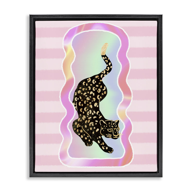 «Leopard & Pink Stripes» par Ziwei Li, H 31 po x l 25 po, Cadre flottant noir de jais