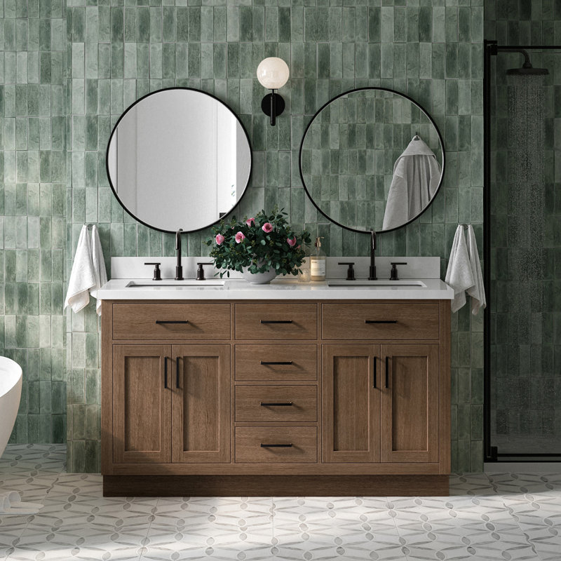 Meuble-lavabo double en bois massif Tidworth avec plateau en quartz blanc de 1,5 po, Forme rectangulaire