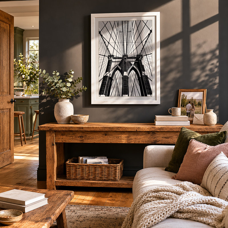 Brooklyn Bridge Ascendant Industrial - Framed Print, A2 - 59.4 x 42.0 cm, White