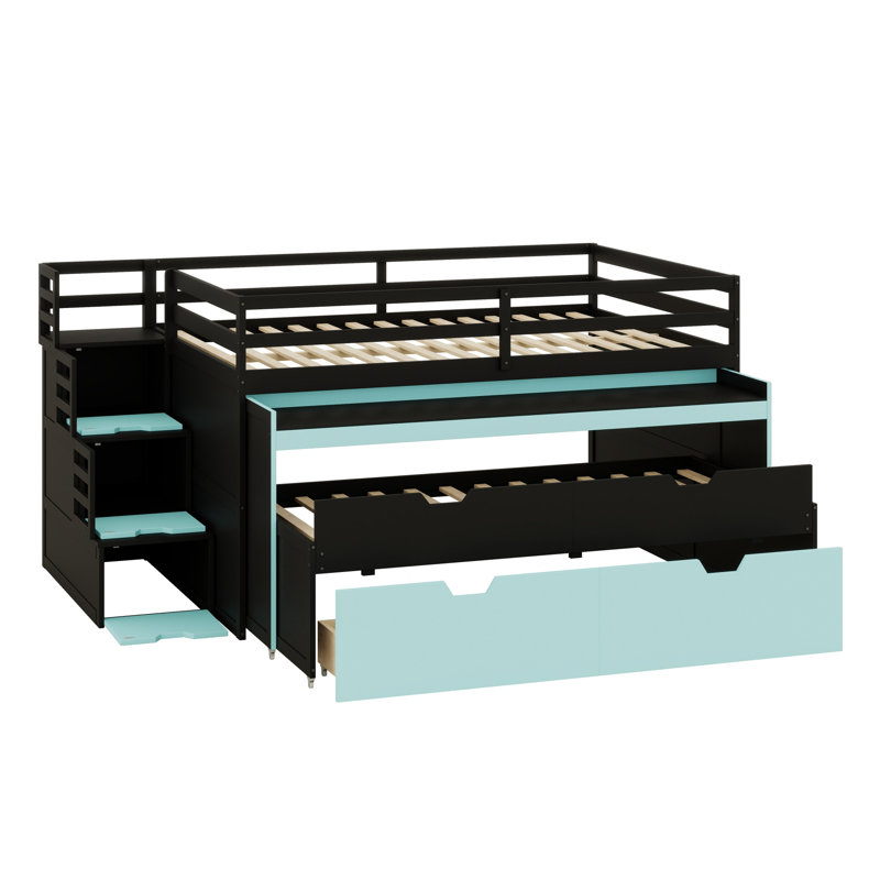 Lit mezzanine Gaming équipé d'un bureau coulissant, d'un lit gigogne et de 2 tiroirs de rangement, Full XL, Black+Blue