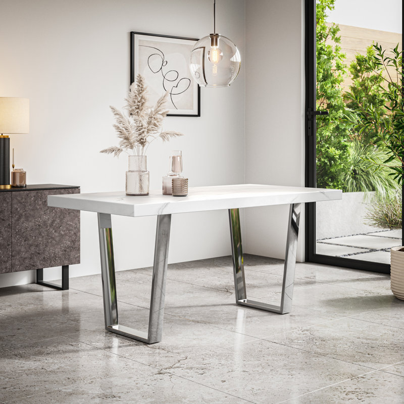Davius 6 - Person Dining Set, White/Chrome/Grey