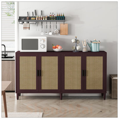 Buffet en rotin avec rangement, buffet à 4 portes avec tablettes réglables pour la cuisine, le salon et la salle à manger, assemblage facile