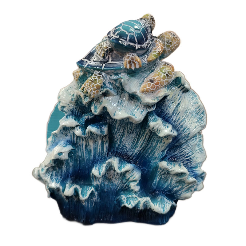 Ocean Blue and White Polyresin Sea Turtle Round Coaster Set with Holder